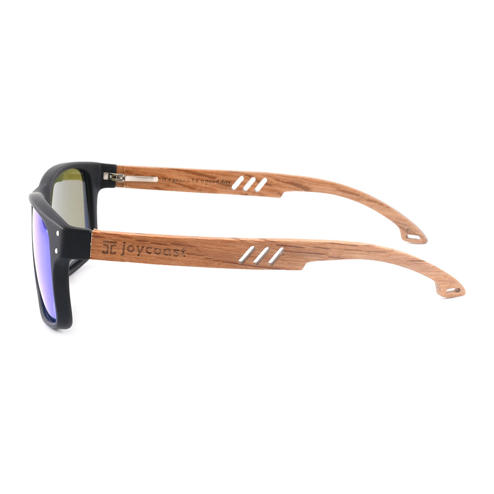 Sporty sunglasses side view with black frame, wood temples, and blue mirrored lens