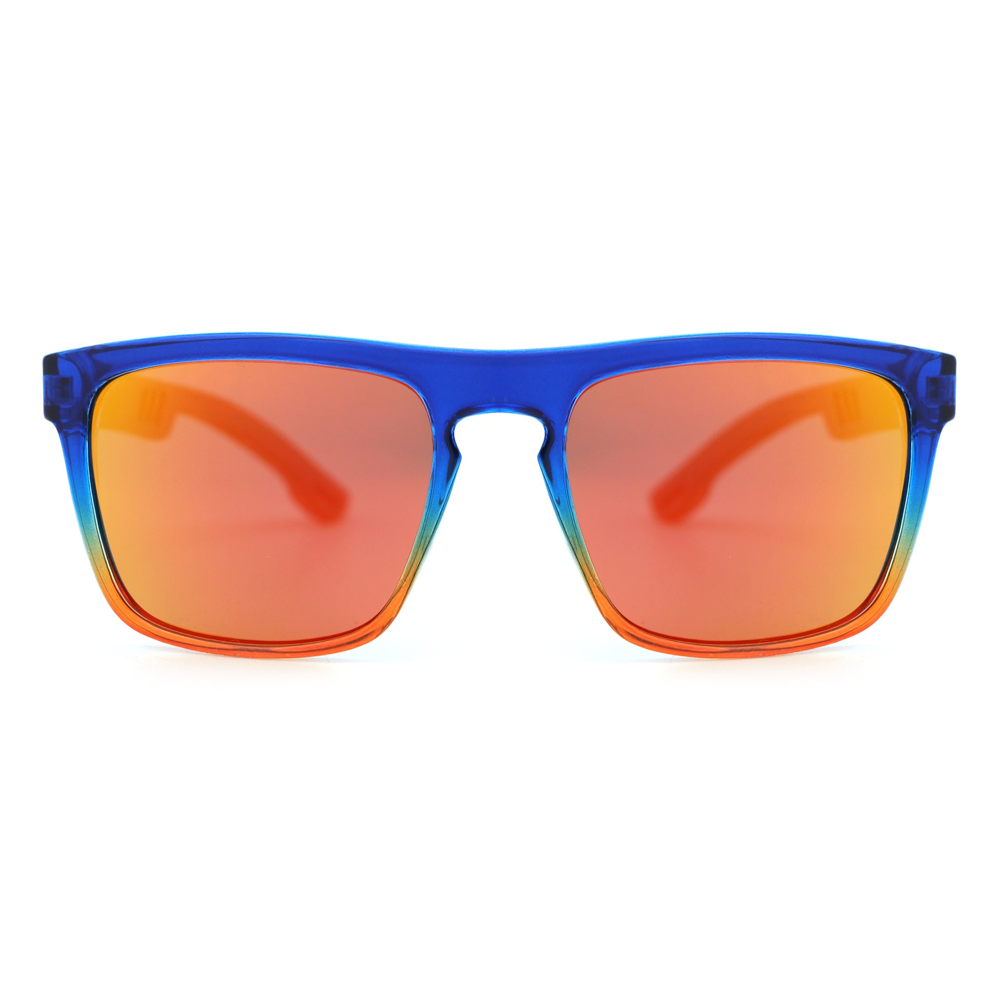 Men's sunglasses with blue frame and orange mirrored lenses with brown temple tips