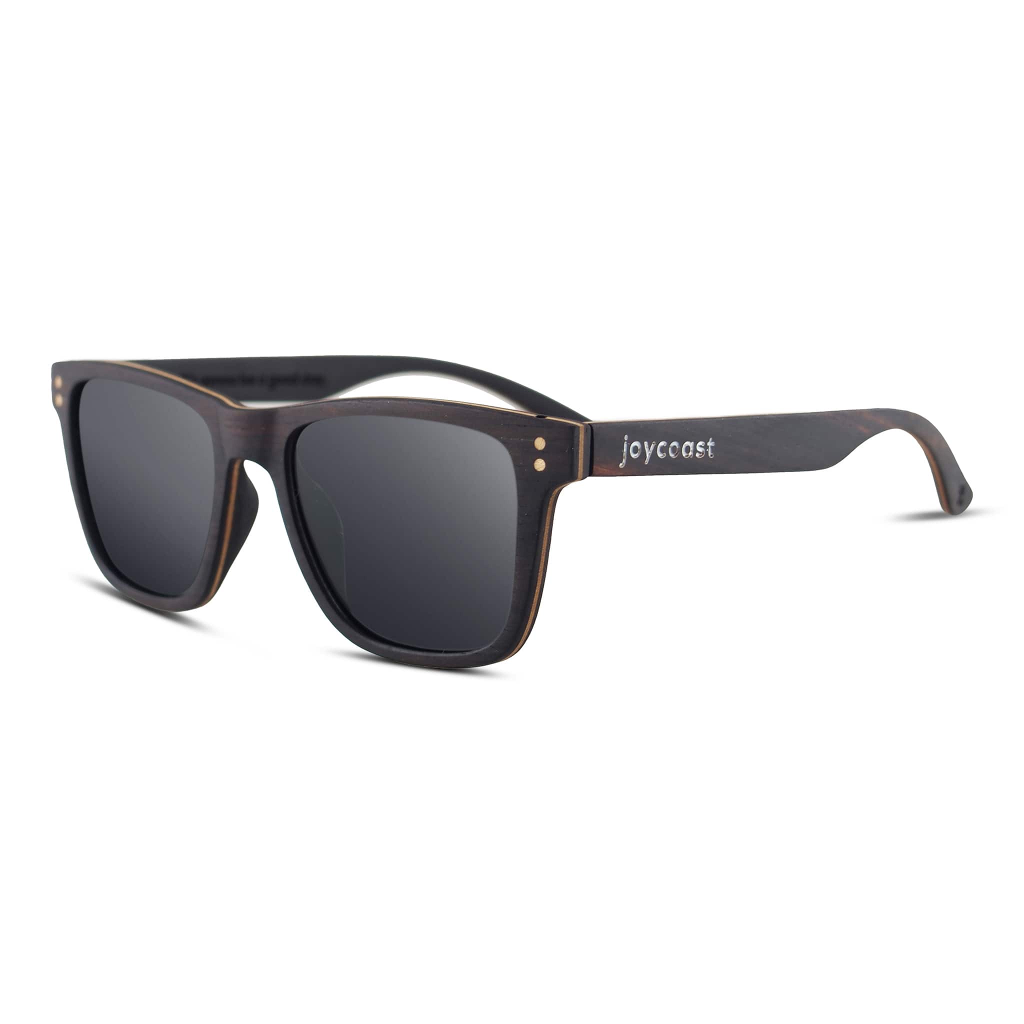 Ebony sunglasses with dark lenses and wood-look arms, square angular frame