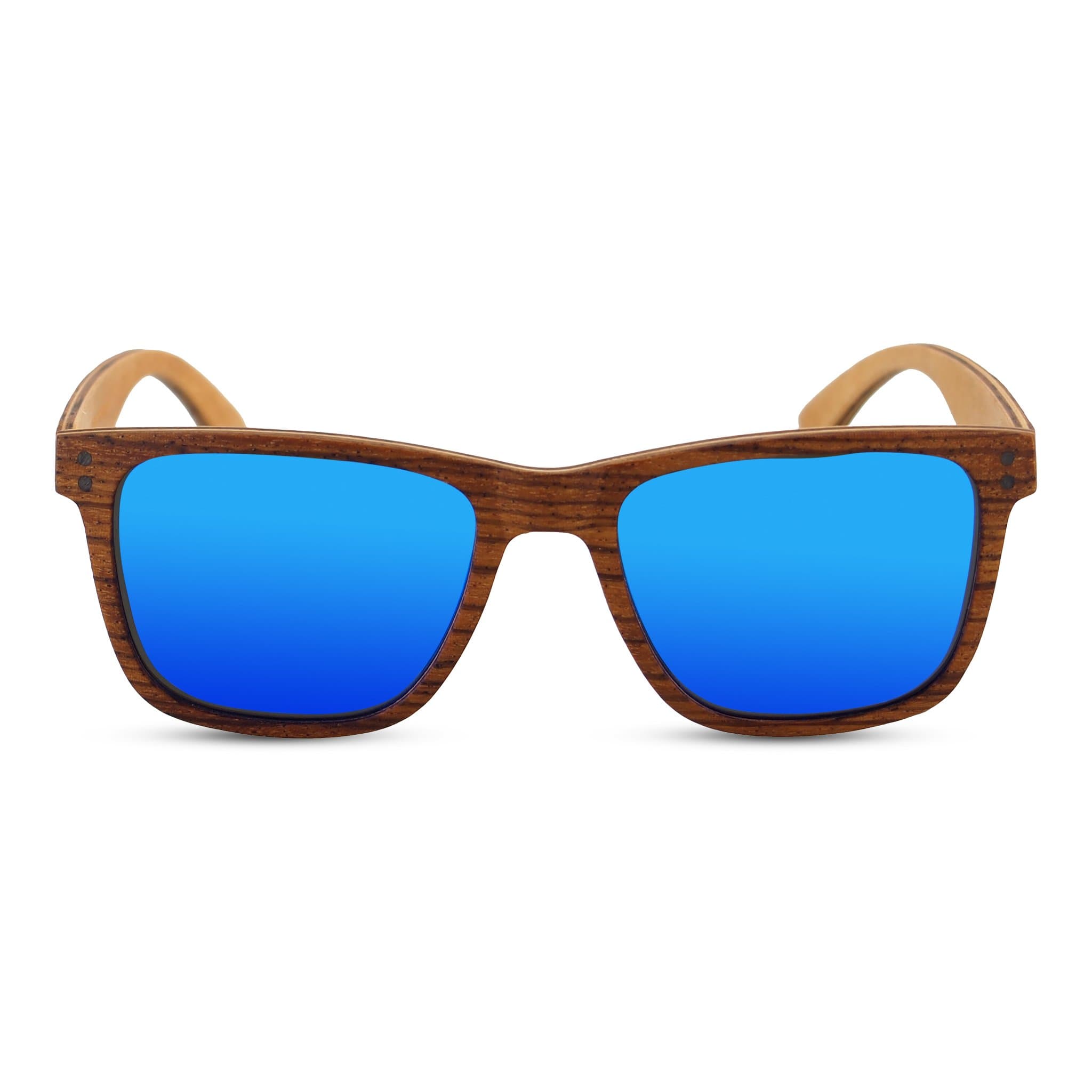 Wayfinder polarized sunglasses with vivid blue lenses and wood frame