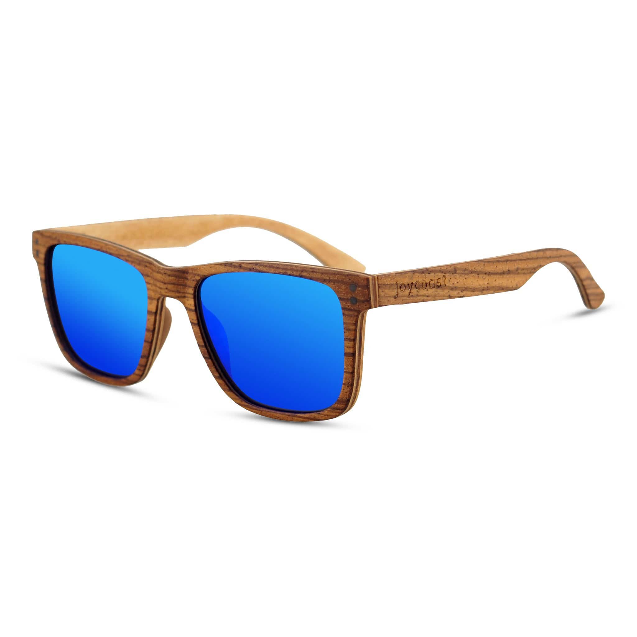 Wayfinder polarized sunglasses with blue lenses and zebrawood frame