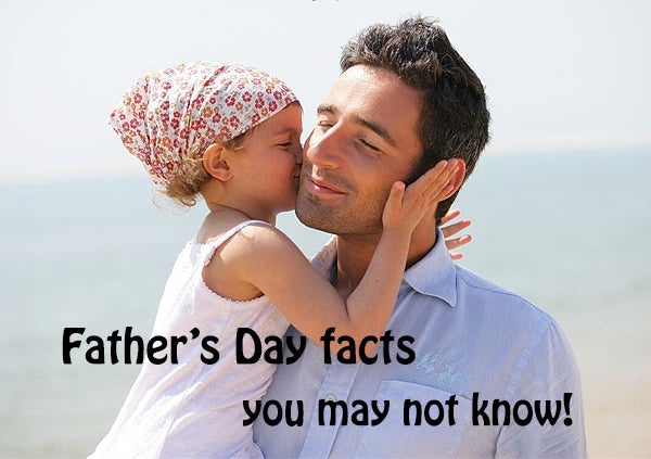 Father and daughter sharing a loving moment at the beach with Father's Day facts text