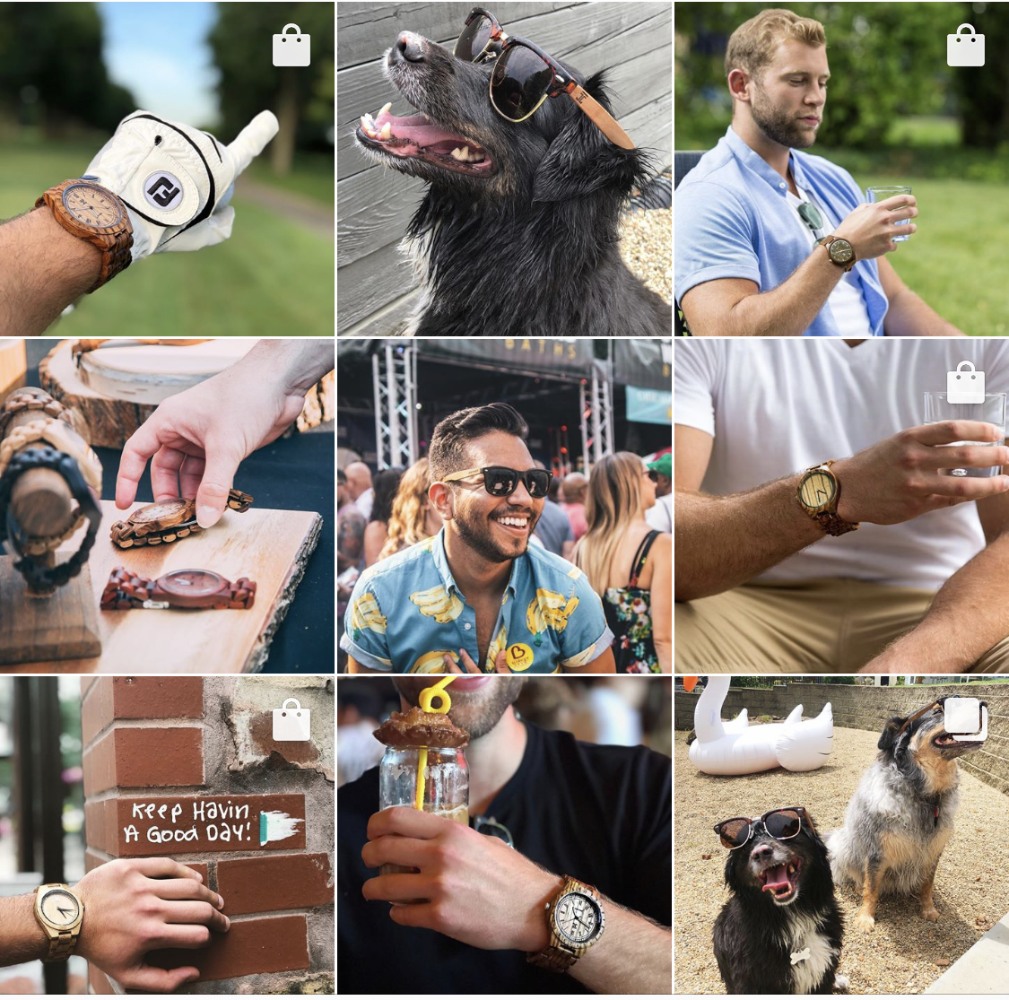 Collage of lifestyle images featuring eco-friendly wooden watches and wooden sunglasses by Joycoast, shown on people and dogs outdoors