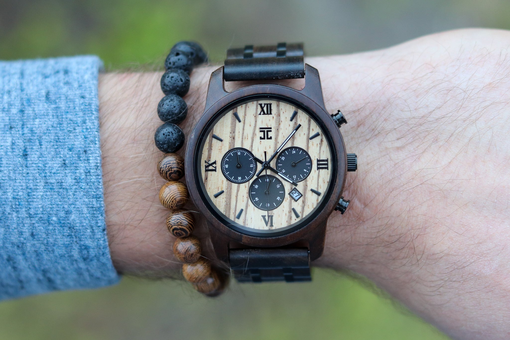 Wooden Chronograph Watch on Wrist