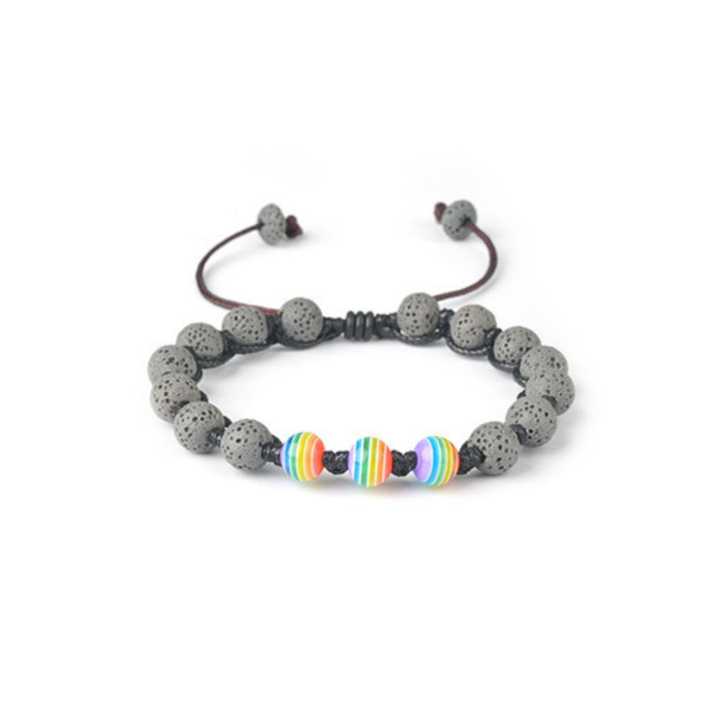 Beaded pride bracelet with grey speckled beads and rainbow striped center beads