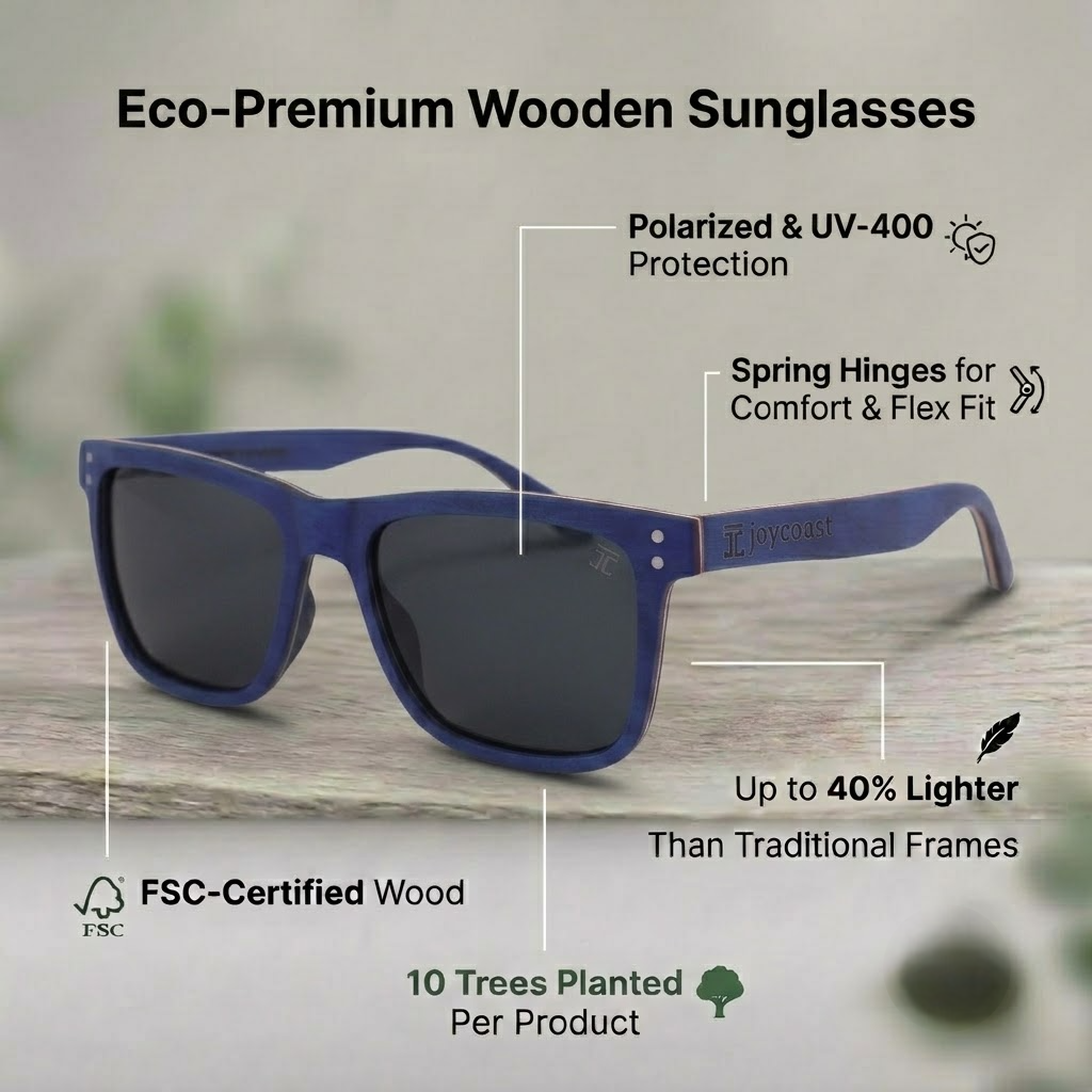 Blue maple wood wayfinder sunglasses with polarized UV-400 lenses and spring hinges