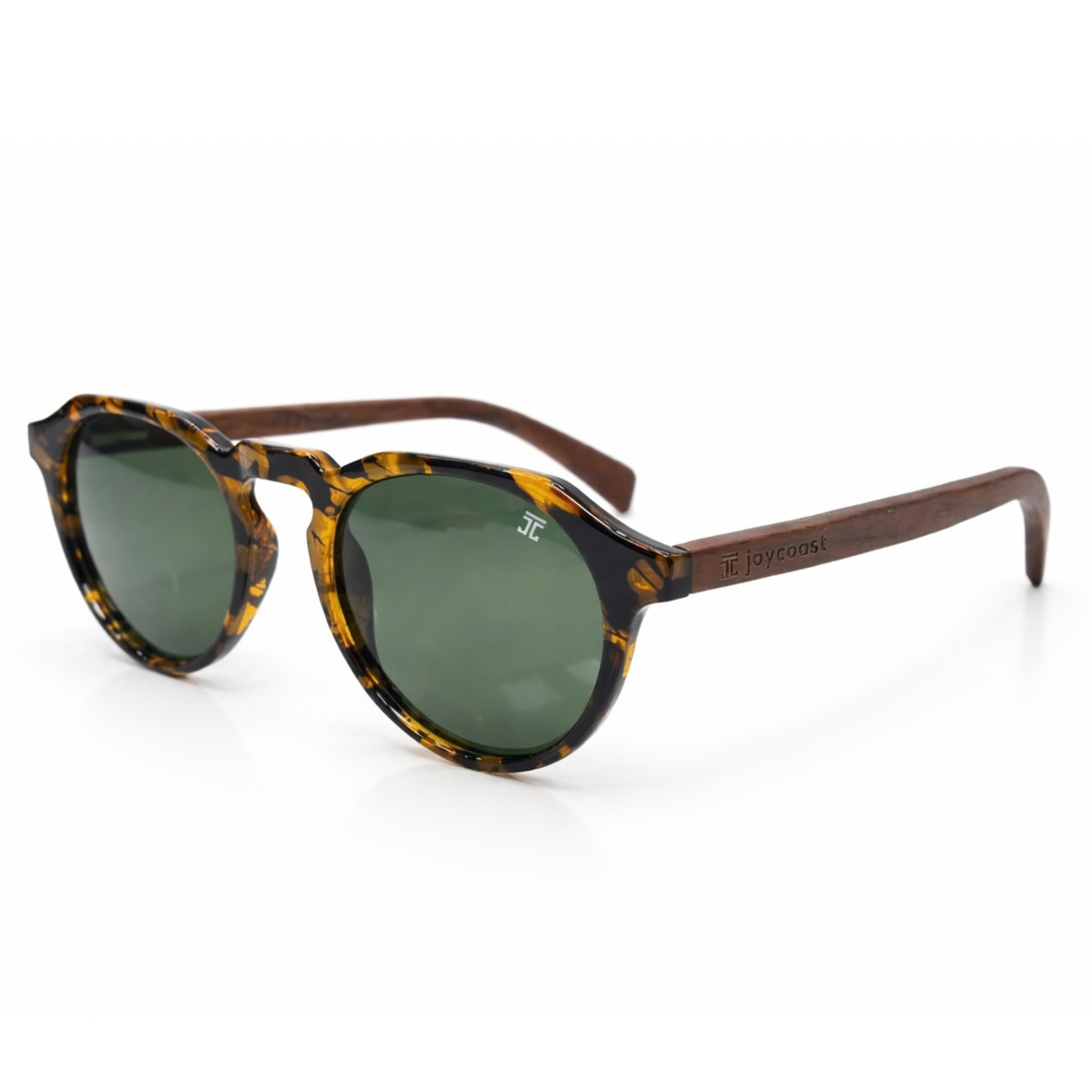Round tortoiseshell wooden sunglasses with green lenses and slim temples