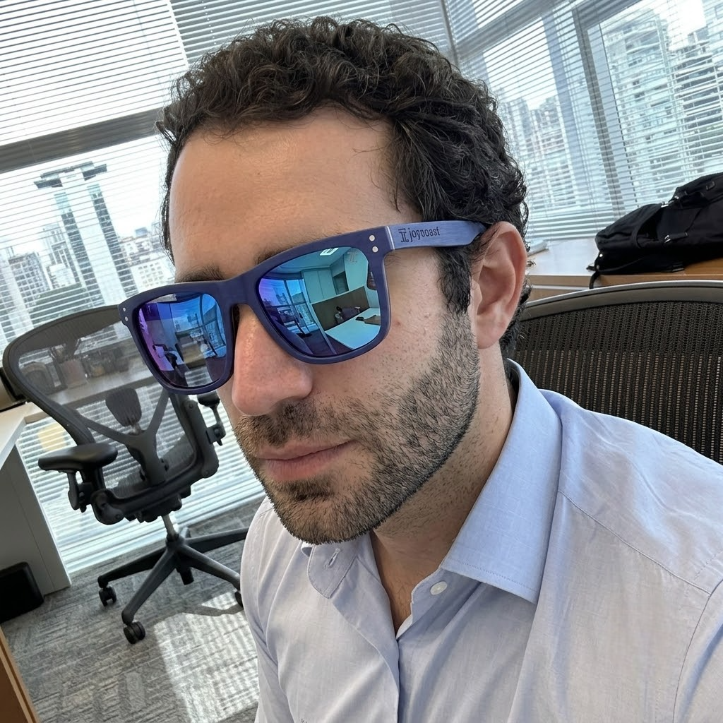 Blue maple wood wayfinder sunglasses on person, blue frame, mirrored blue lenses