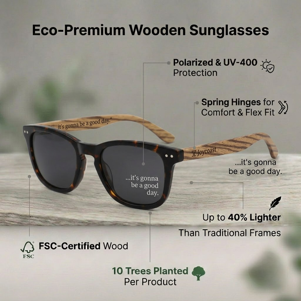 Wooden square sunglasses with tortoise frame and dark polarized lenses