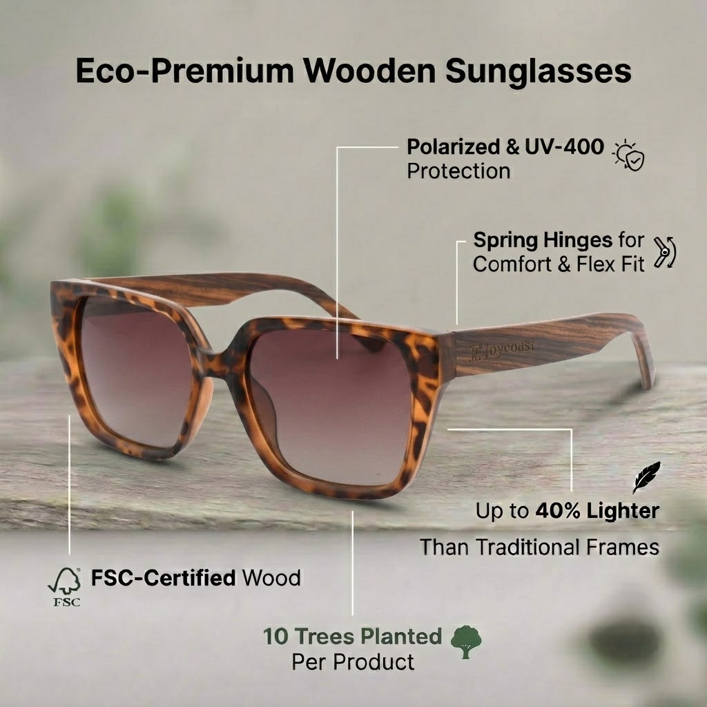 Tortoise wooden-temple sunglasses with dark gradient lenses