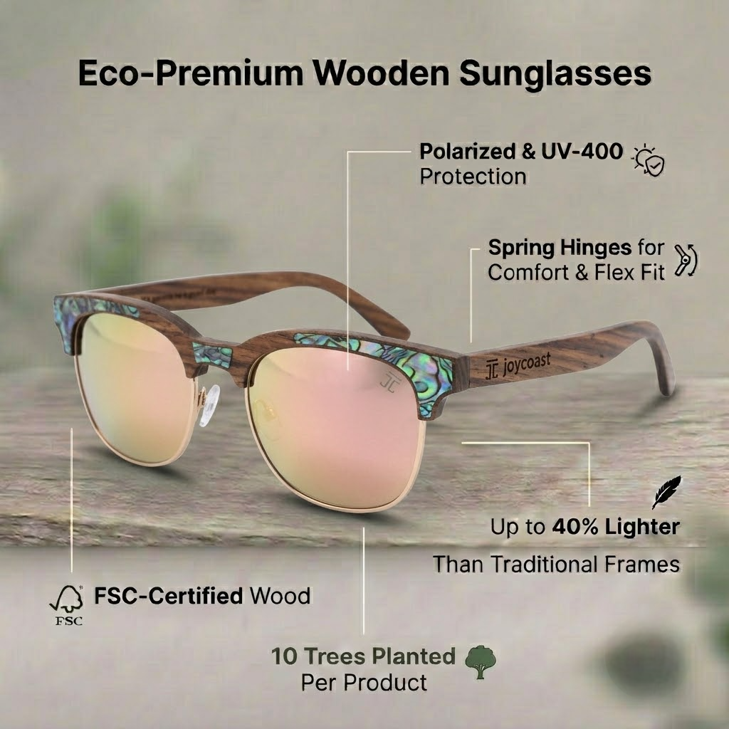 Round abalone-inlay wooden sunglasses with tinted lenses and metal hinges