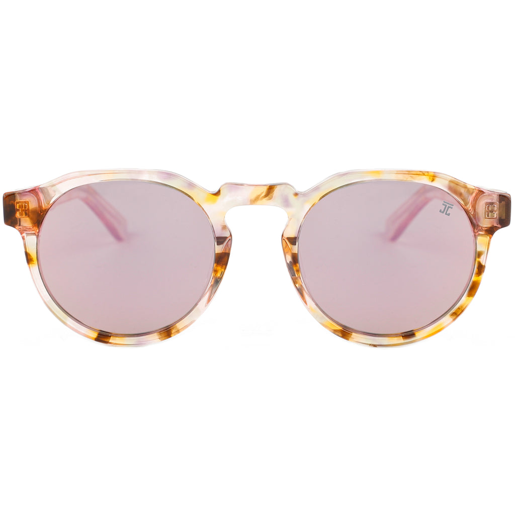 Kids wooden sunglasses with tortoise frame and pink tinted round lenses, Joycoast