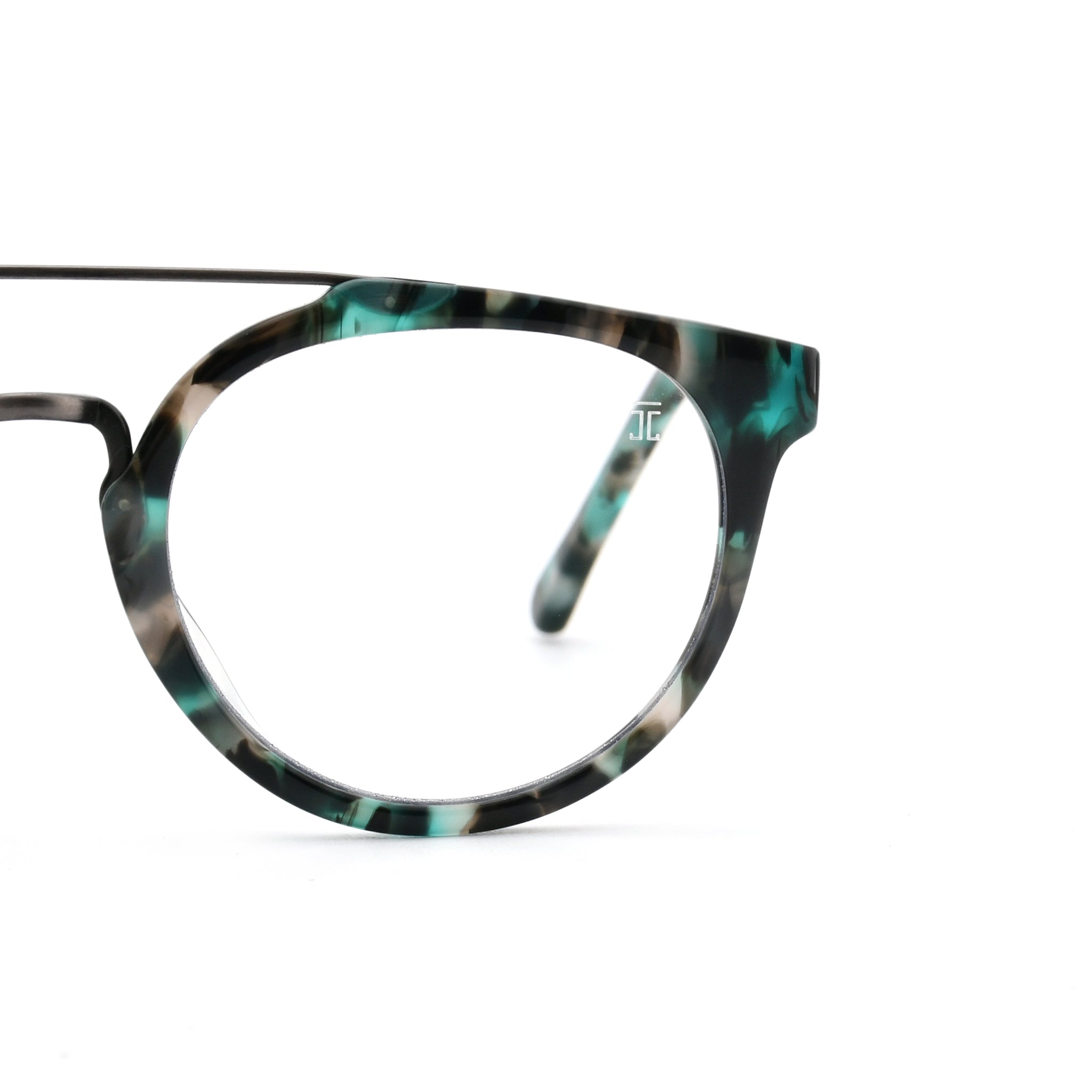 Round acetate reading glasses front, teal and dark tortoise pattern frame