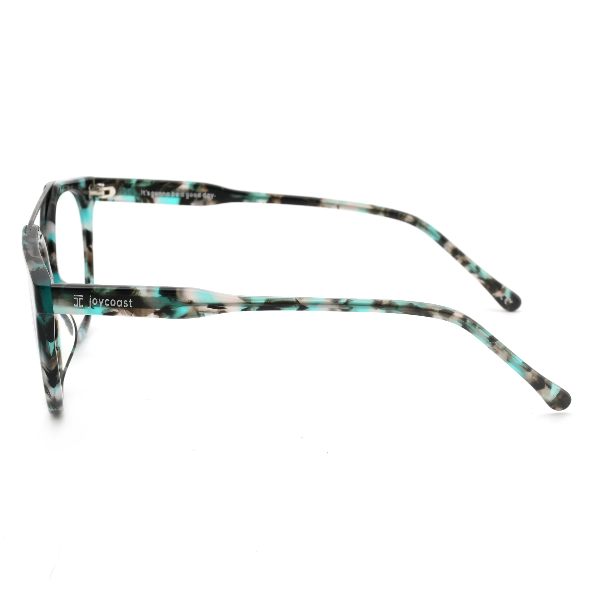 Acetate reading glasses side profile with teal and dark tortoise temples