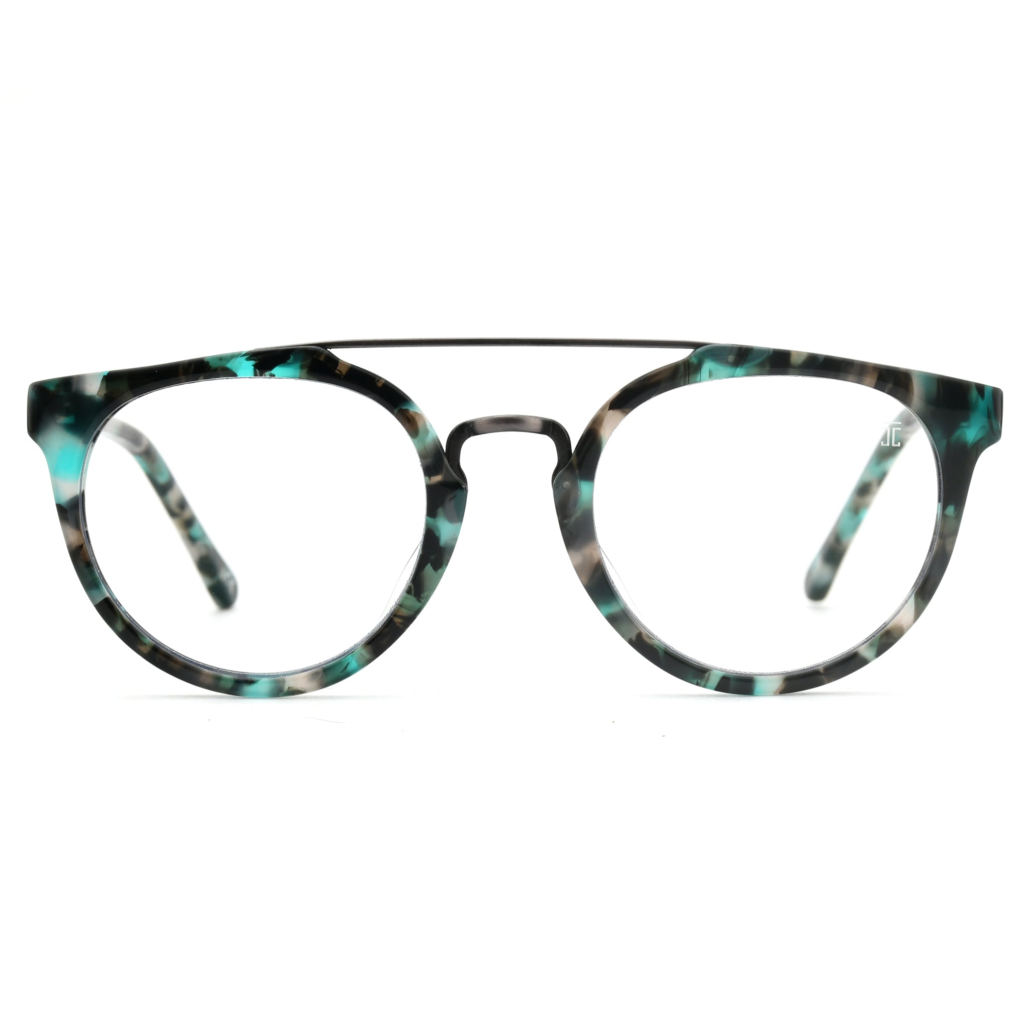Acetate reading glasses front view, round lenses in teal and dark tortoise pattern