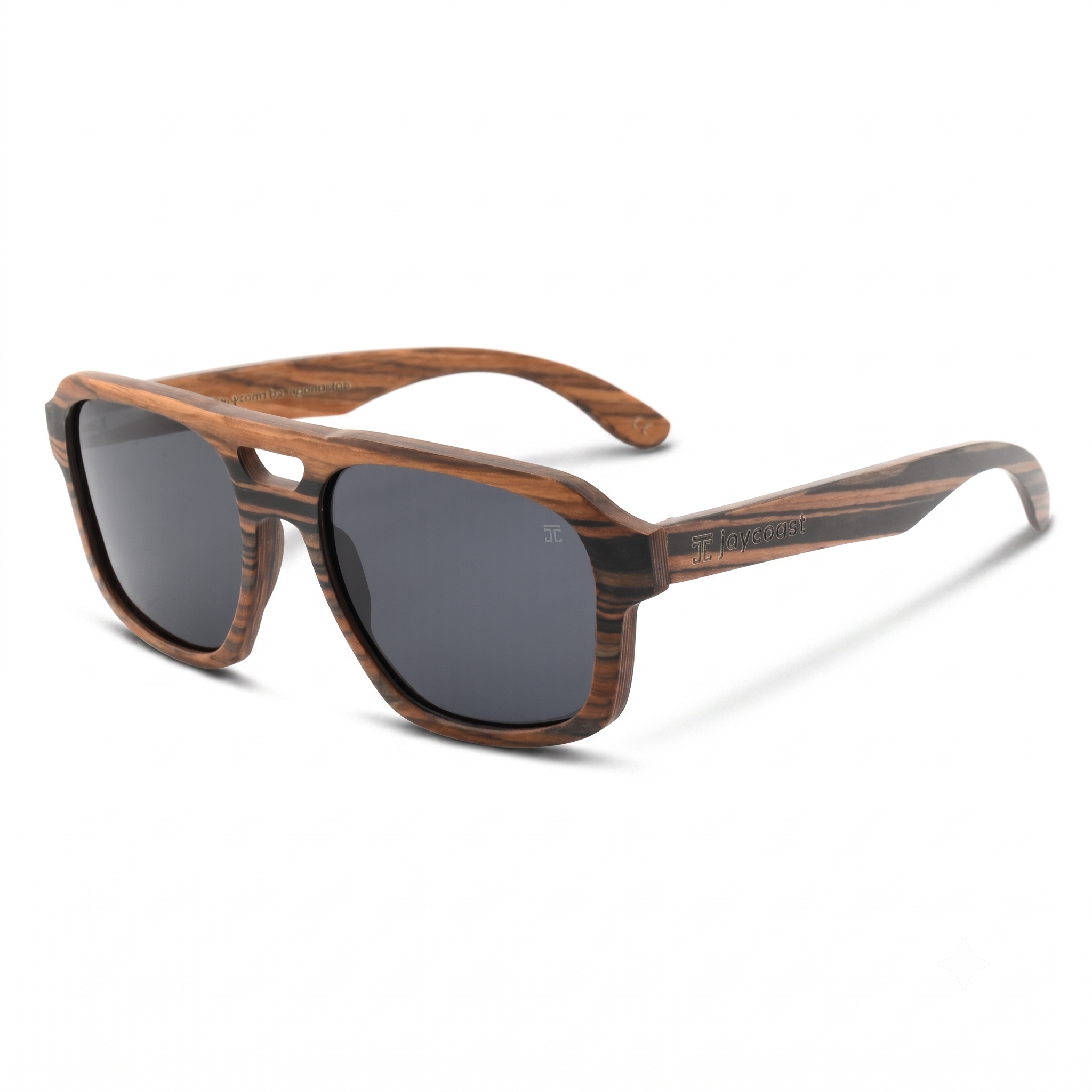 Ebony wood aviator sunglasses with dark gray mirrored lenses and tapered temples