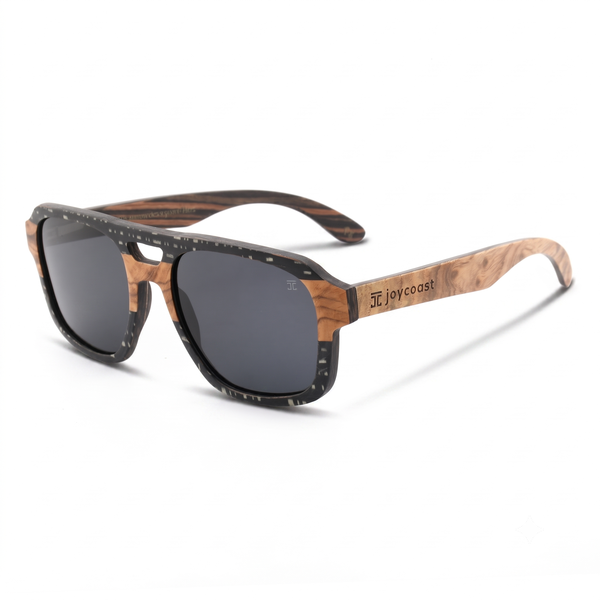 Ebony wood aviator sunglasses with dark lenses and black temple details, angled profile.