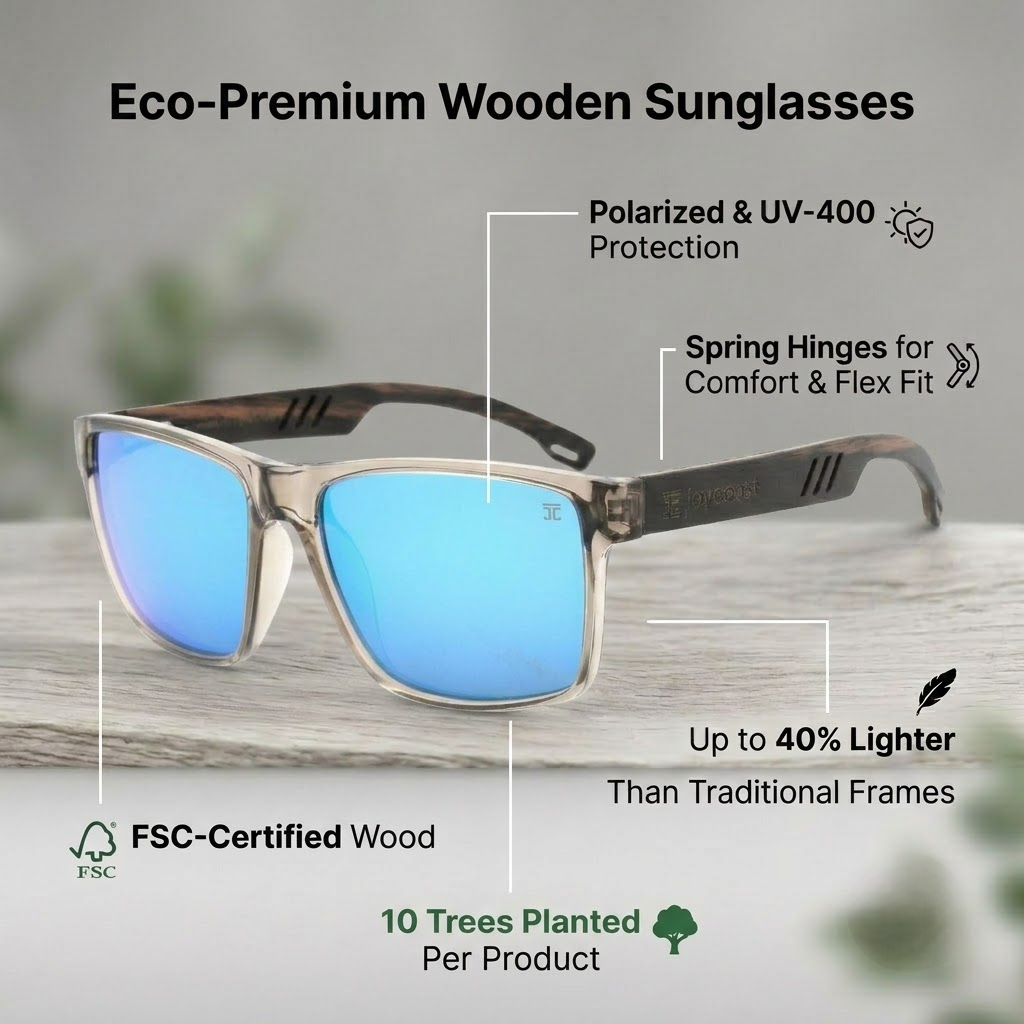 Wood sunglasses with blue lenses and dark ebony patterned frame, front angle
