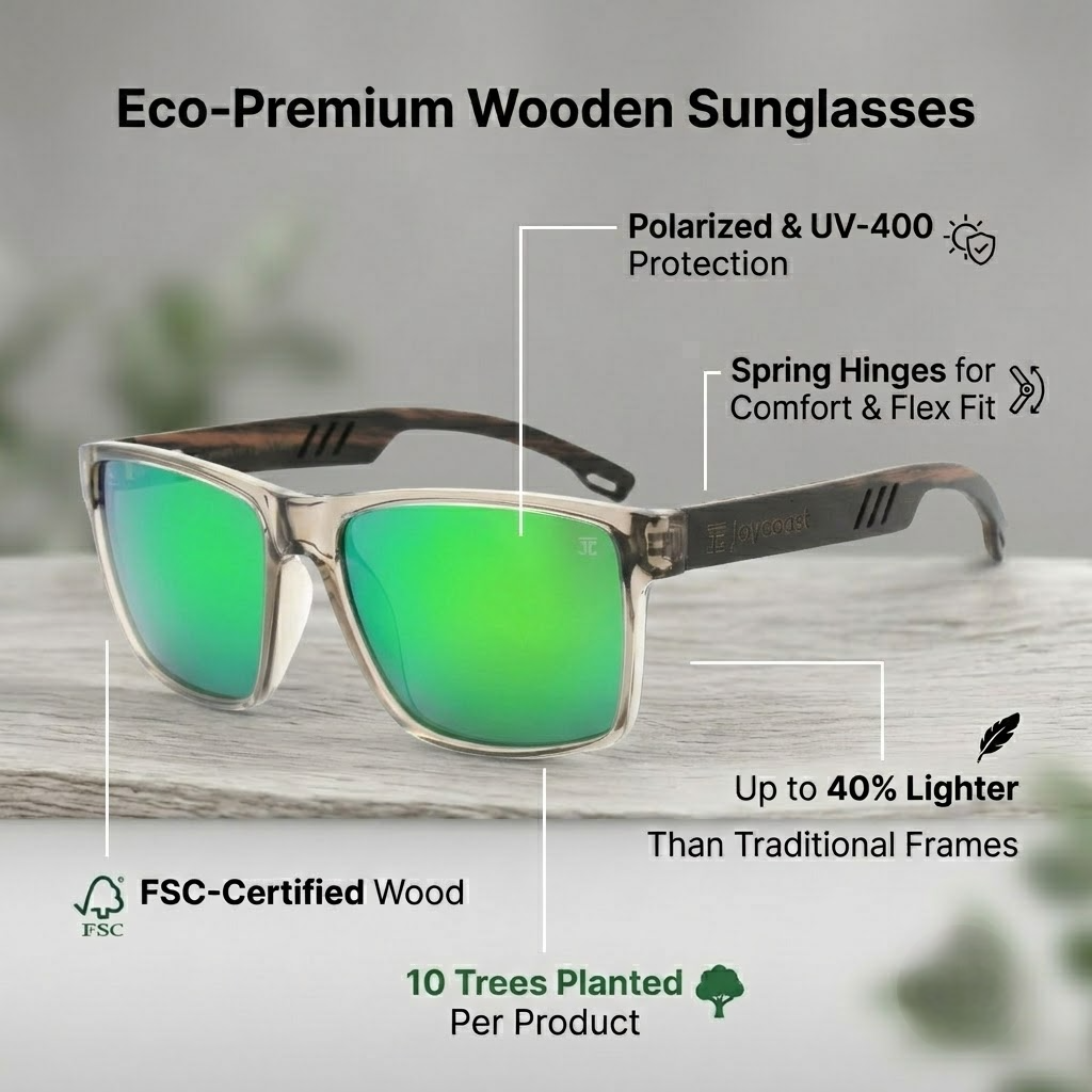 Transparent wood sunglasses with green mirrored lenses, square frames and black temples
