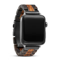 Wood link Apple Watch band with orange-brown zebrawood pattern and black hardware