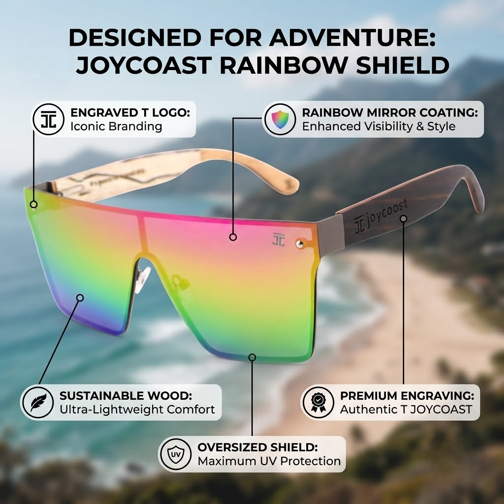 Rainbow shield sunglasses with oversized square lenses and engraved frame detail