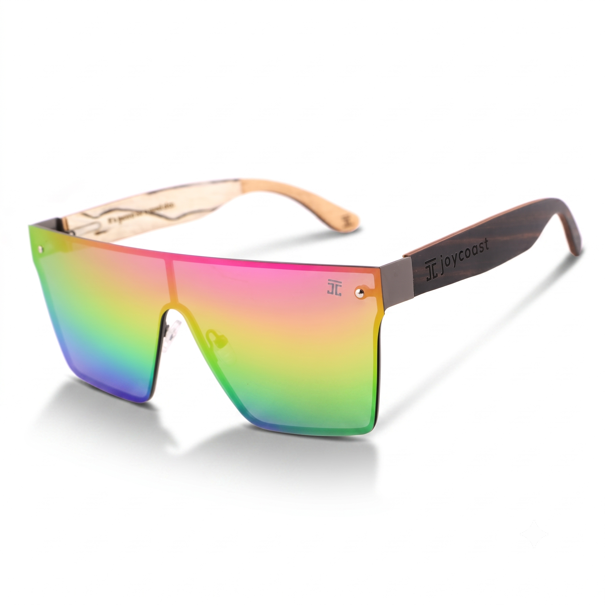 Wooden frame sunglasses with rainbow gradient lenses and dark temple arms