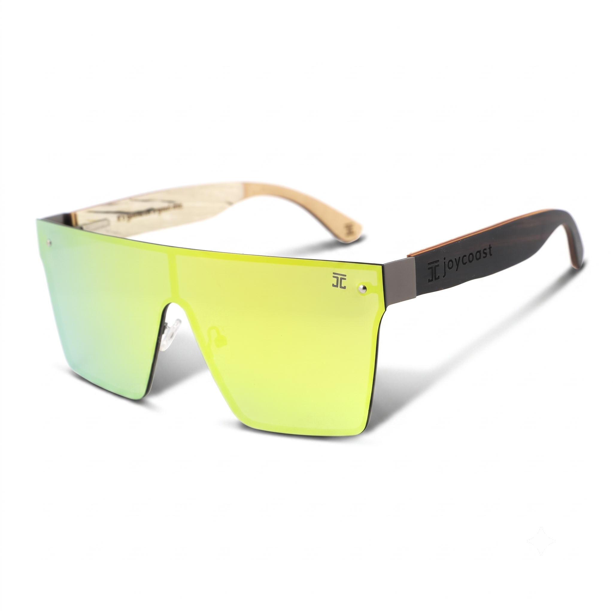 Woodless frame sunglasses with lime green lenses and dark logo temple arms