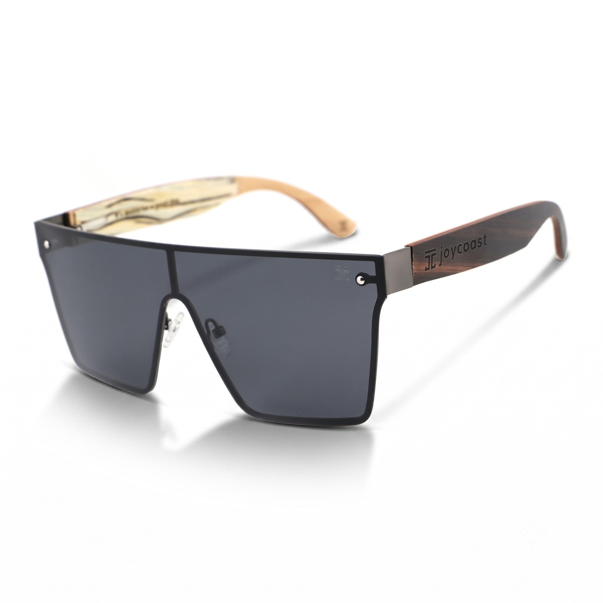 Woodless frame sunglasses with black lenses and engraved detail on the temples