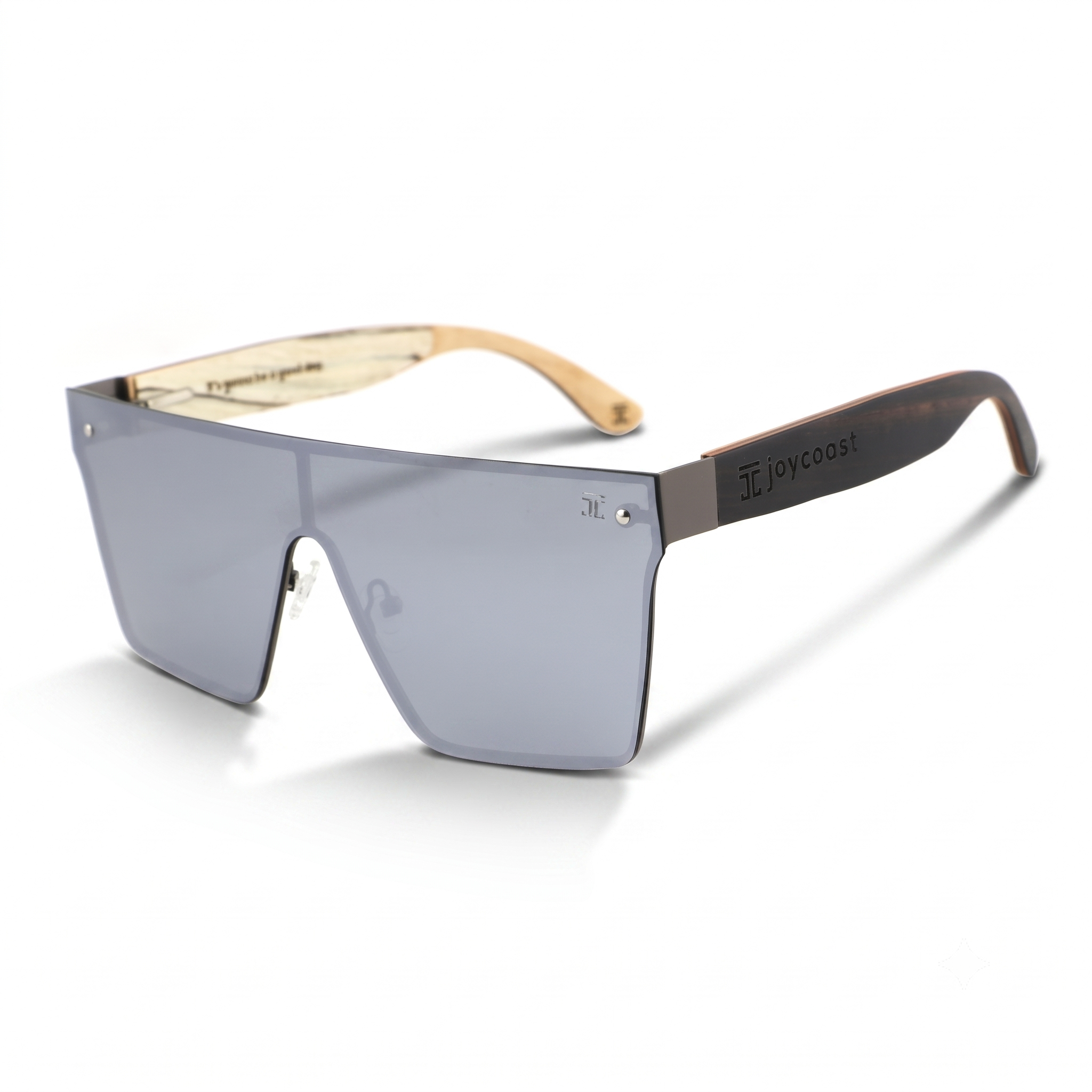 Square sunglasses with light blue lenses and light wood temple arms