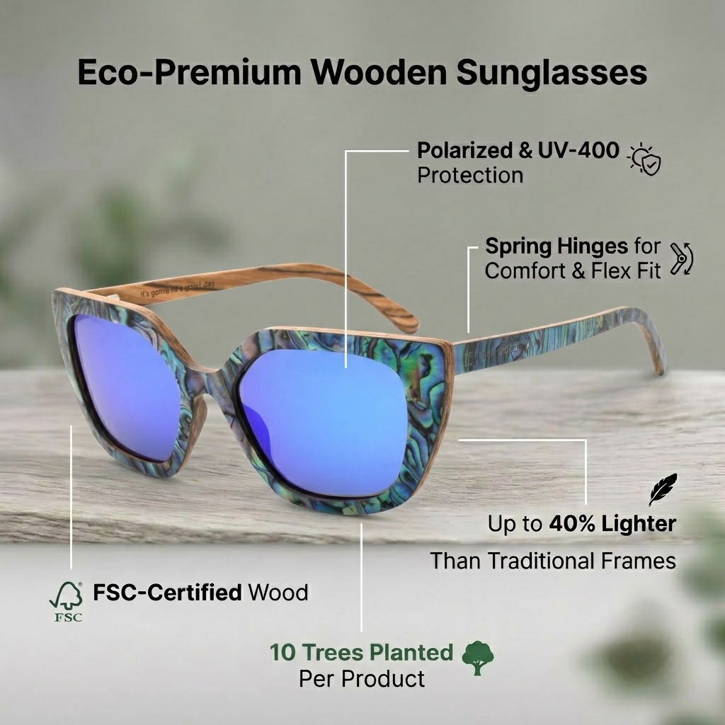Wooden sunglasses with abalone-pattern frame and blue tinted mirrored lenses