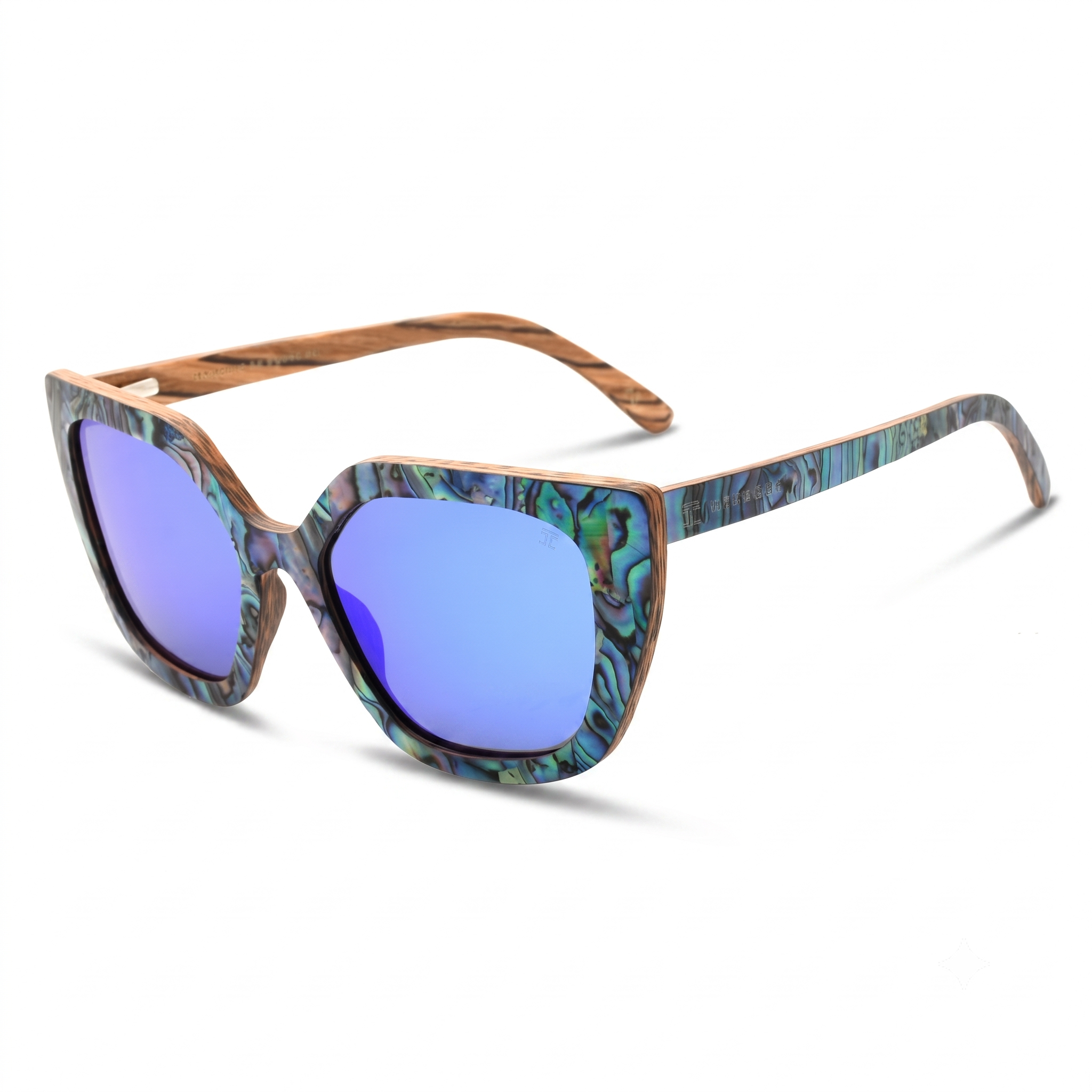 Wood sunglasses with abalone-pattern frame and blue mirrored lenses