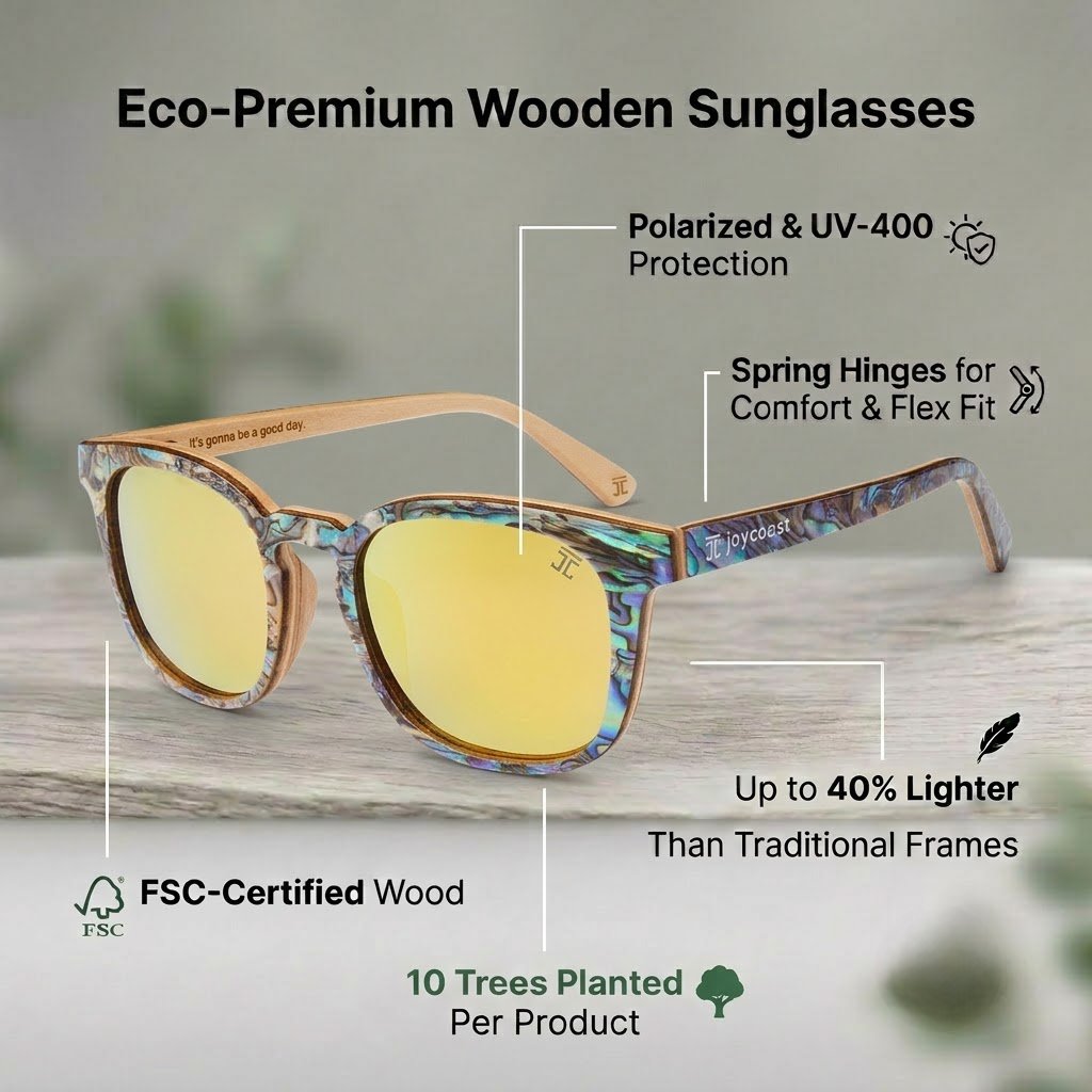 Square sunglasses with iridescent frame and yellow lenses, wooden arms.
