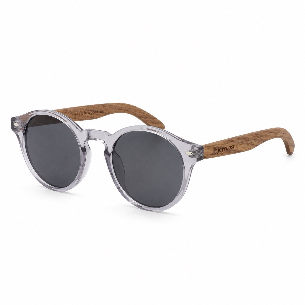 Joycoast round wooden sunglasses with dark gray lenses, silver frame, and ash wood temples