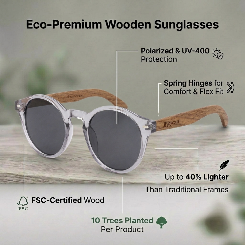 Round sunglasses with dark lenses, light frame, and wooden temples