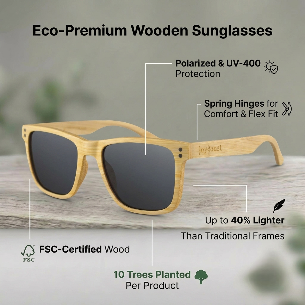 Light bamboo wooden sunglasses with dark polarized lenses and square frames