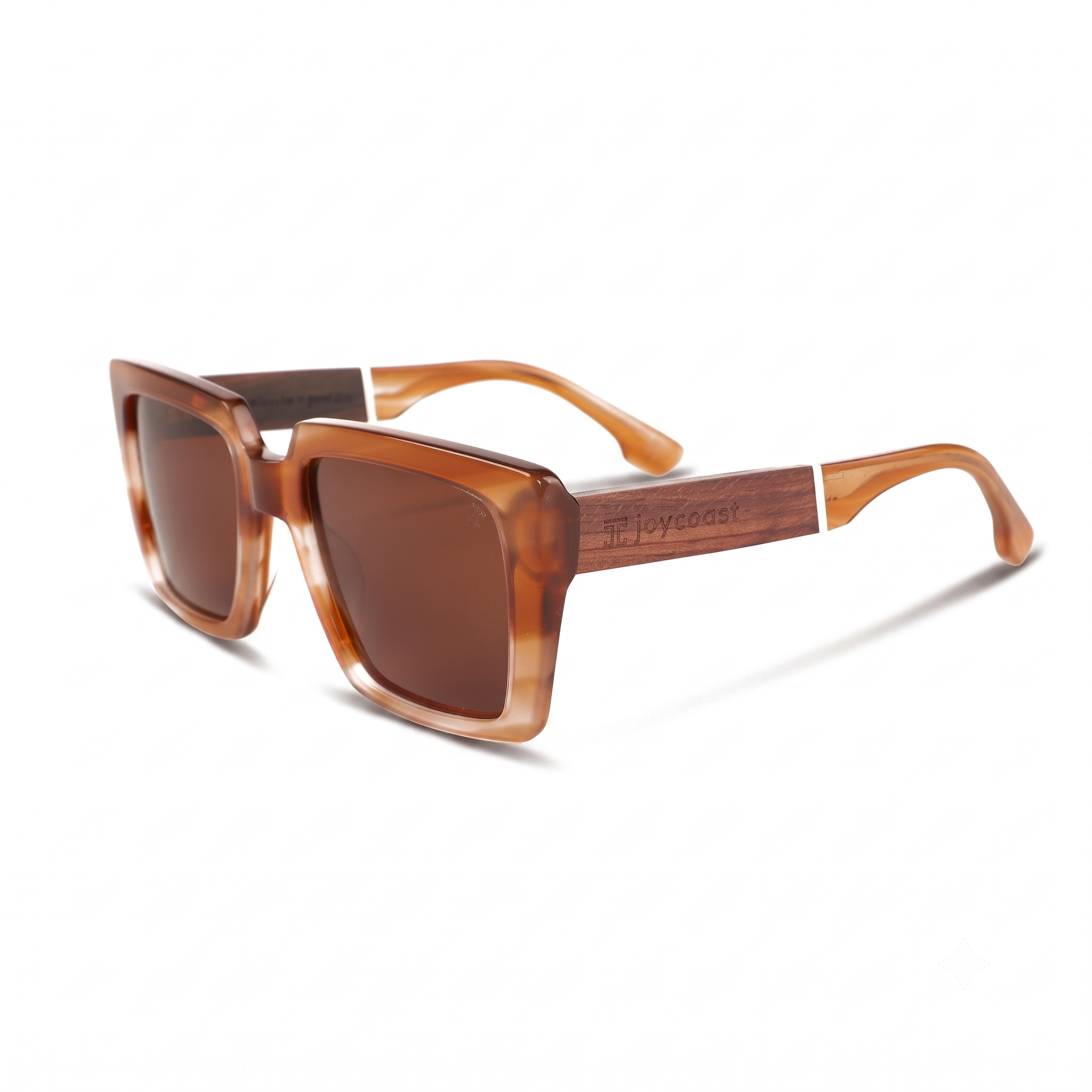 Wooden sunglasses, angled view with brown lenses and amber tortoiseshell temples