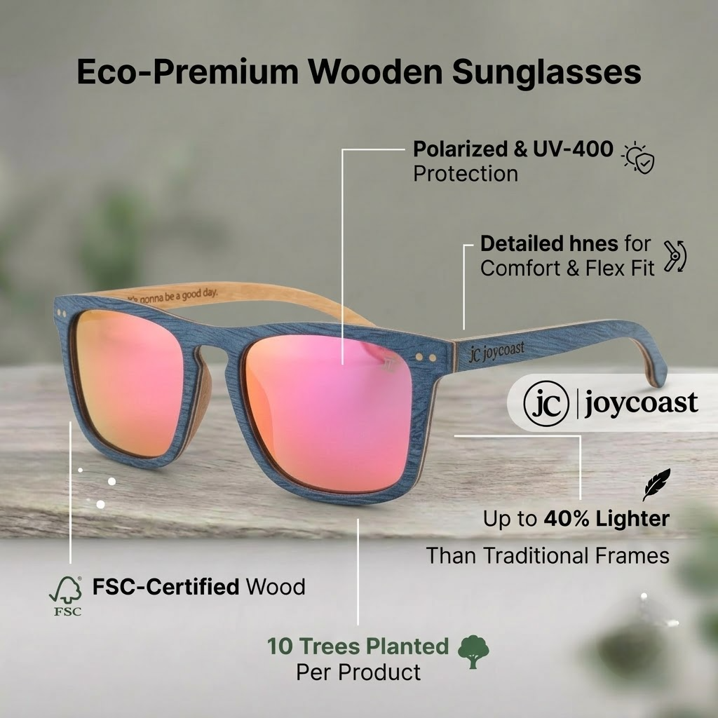 Wooden sunglasses with blue frame and pink mirrored lenses, product infographic
