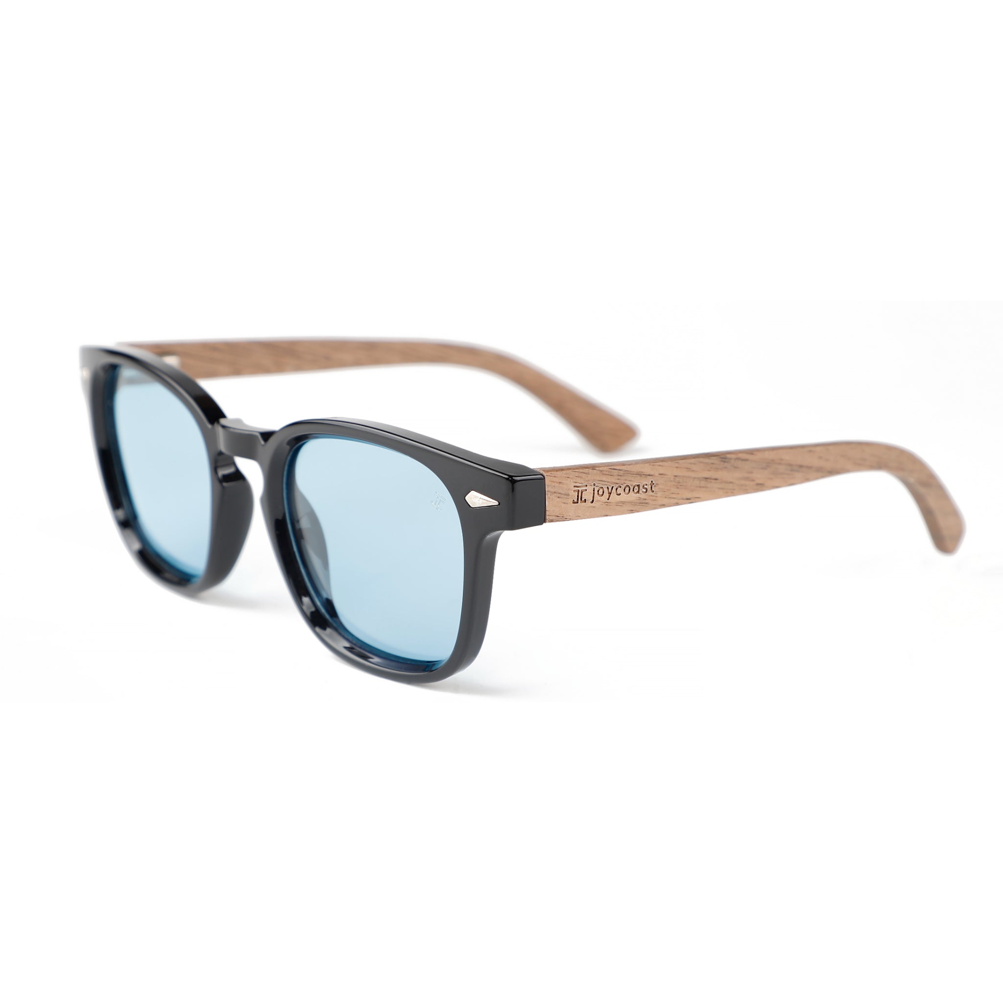 Black wooden sunglasses, side view with blue lenses and light wood temples