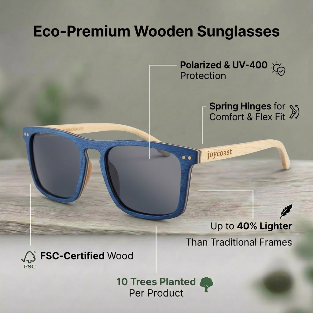 Blue wooden sunglasses with dark polarized lenses and tan wood temple arms