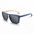 Blue and tan wooden sunglasses with dark square lenses and joycoast logo on side