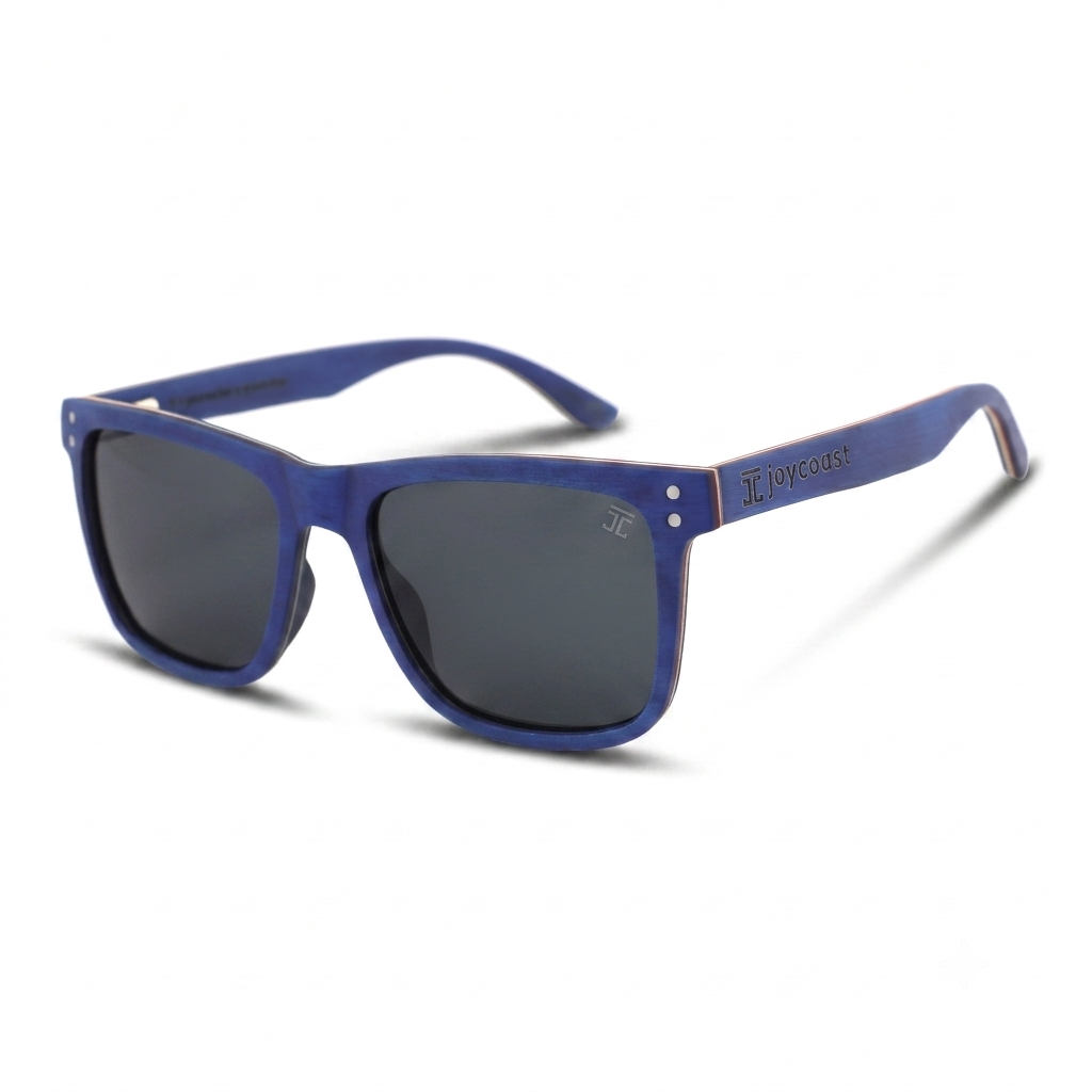Blue maple wood wayfinder sunglasses, blue frame with logo on temple, dark lenses
