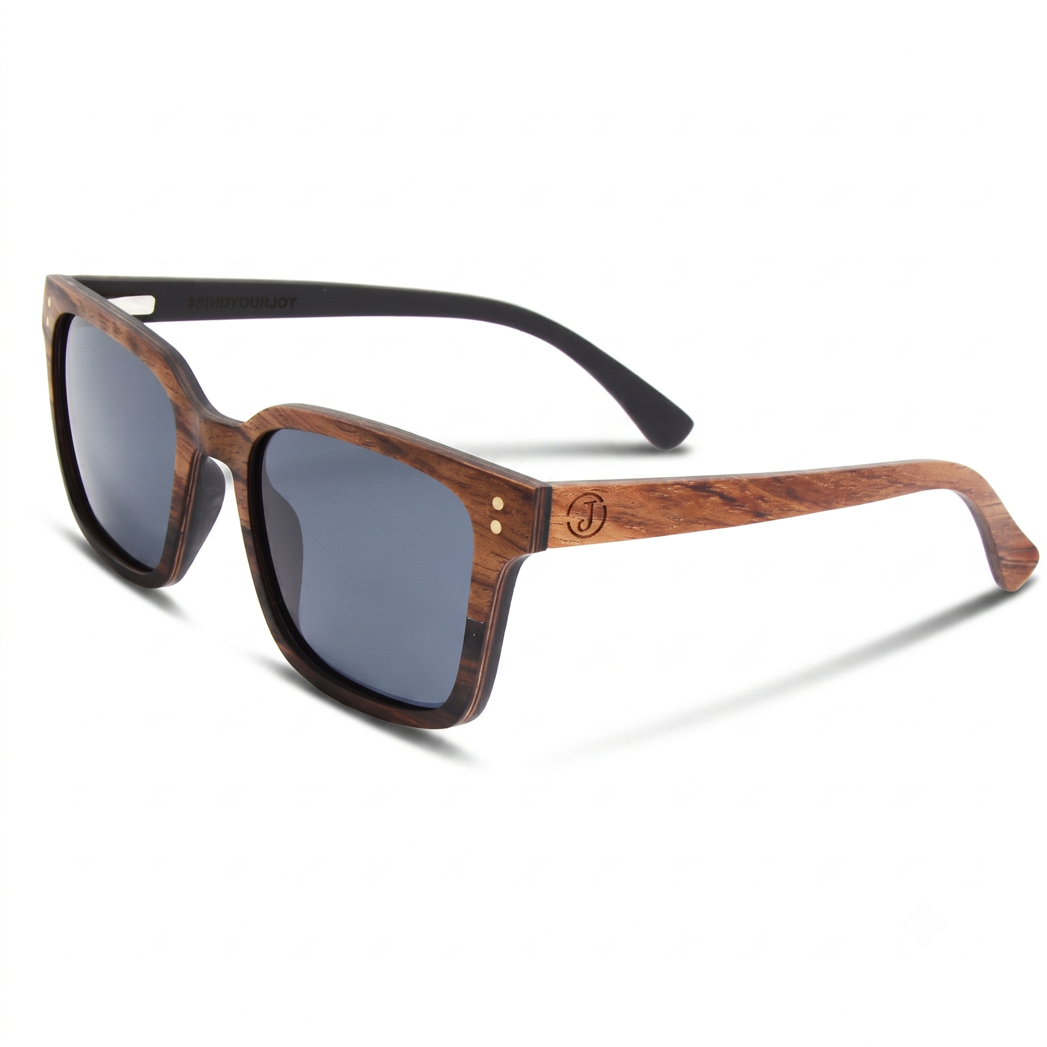 Wooden sunglasses with dark blue lenses, burl wood frame and black ear stems