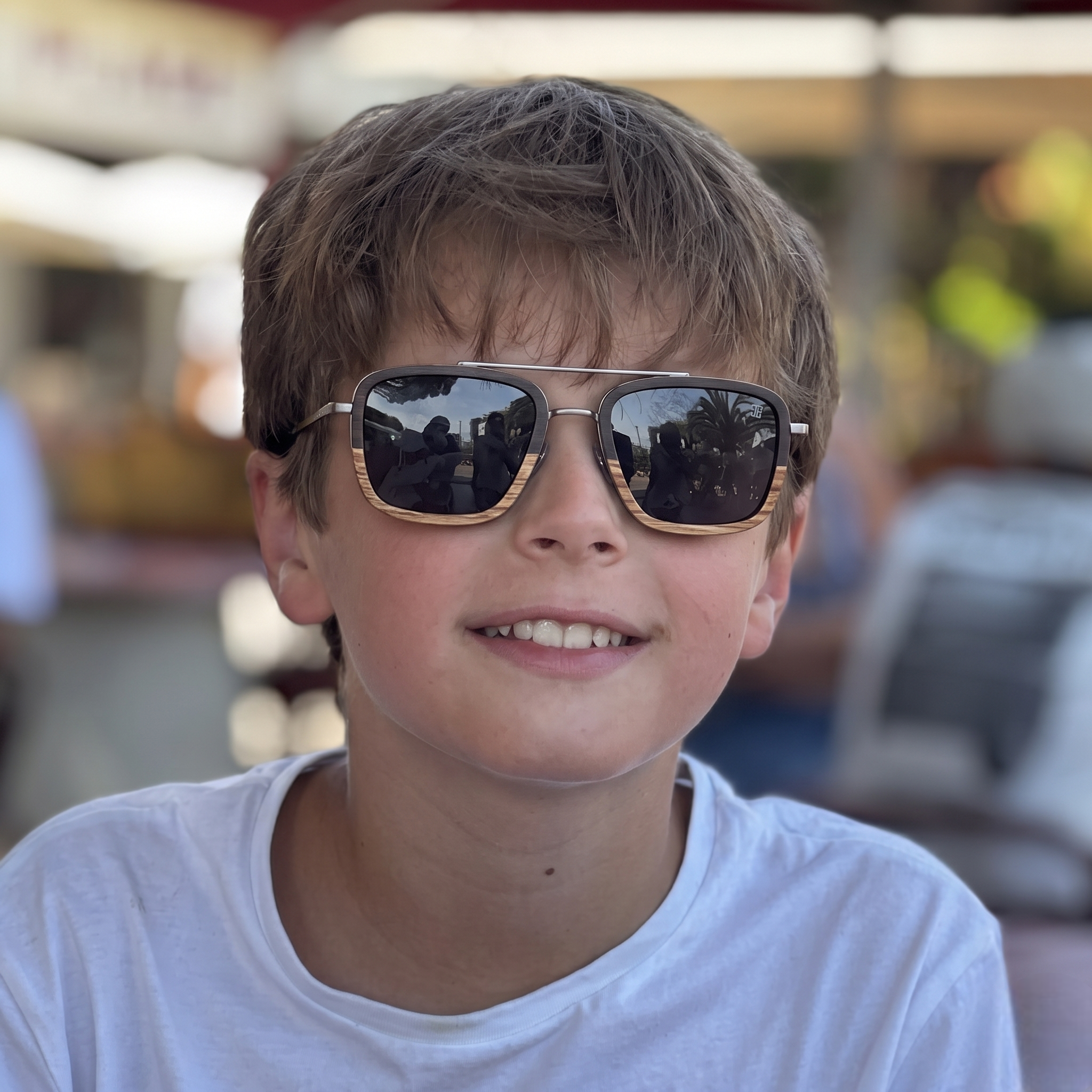 Kids wooden sunglasses, dark frames with reflective black lenses