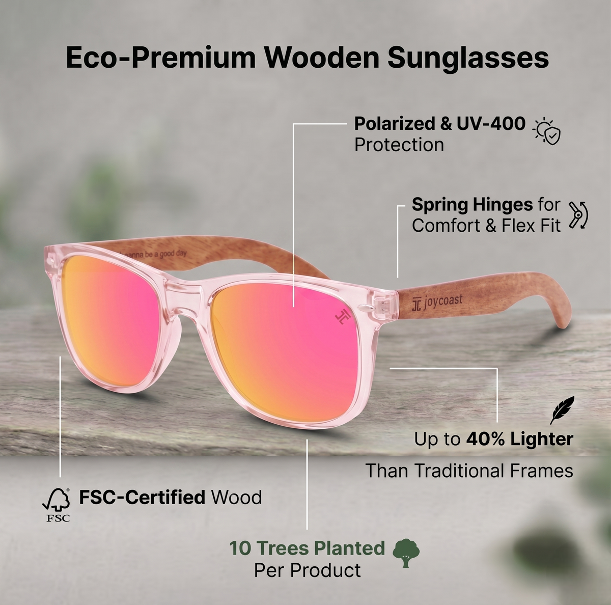 Pink mirrored wooden sunglasses with clear frame and wood temples