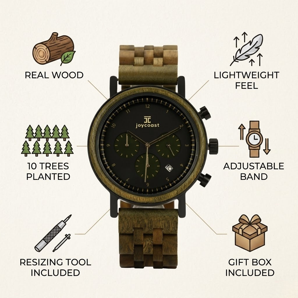 Wooden chronograph watch with dark dial and wide woven adjustable band