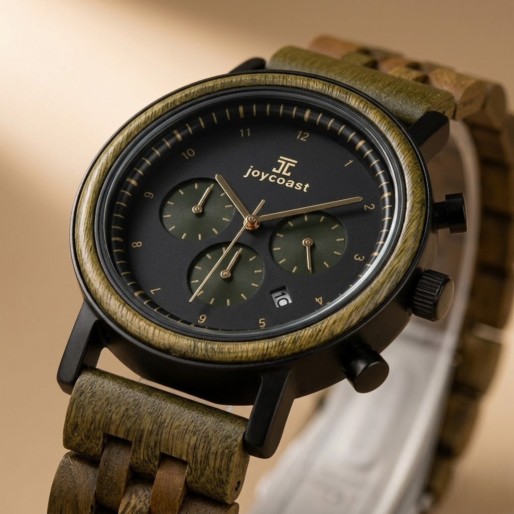 Wooden chronograph watch close-up with dark green dial and chronograph subdials