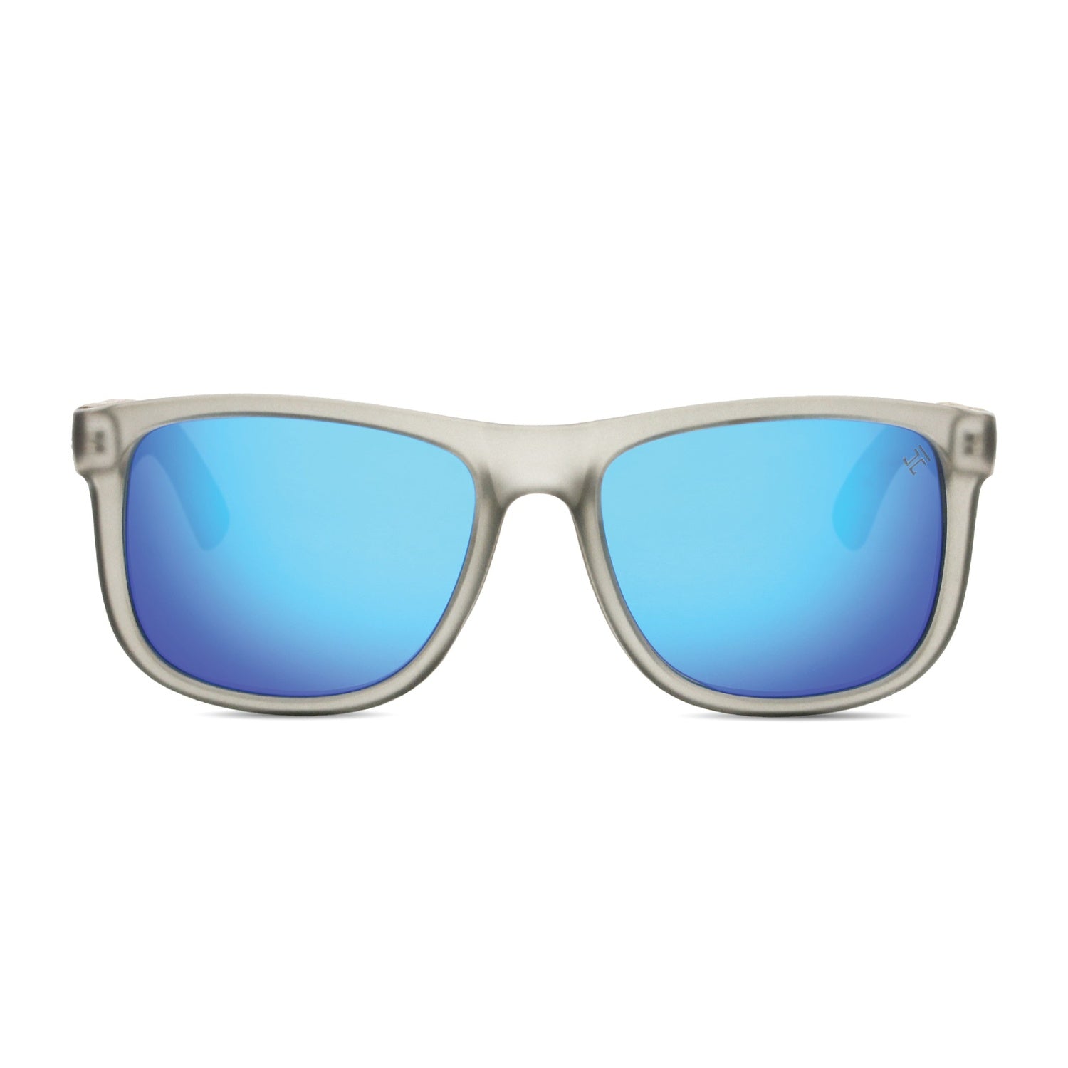 Wooden sunglasses with blue lenses and beige frame on a white background