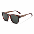 Wood and tortoiseshell sunglasses with dark lenses, angled view