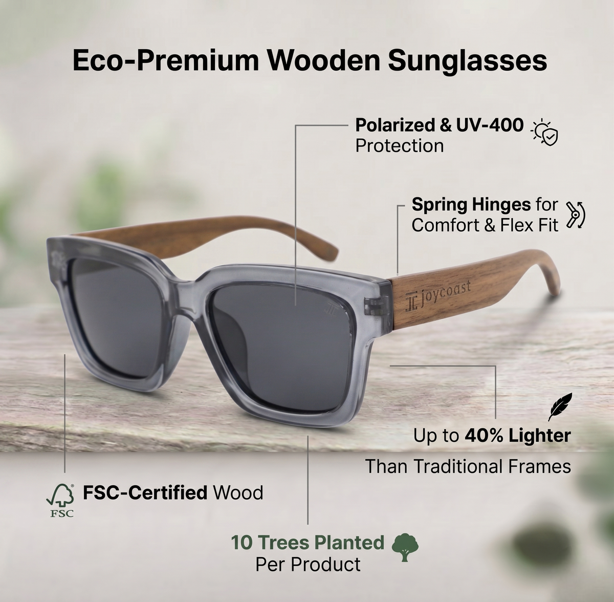 Charcoal wooden sunglasses with dark square lenses and brown wood temples