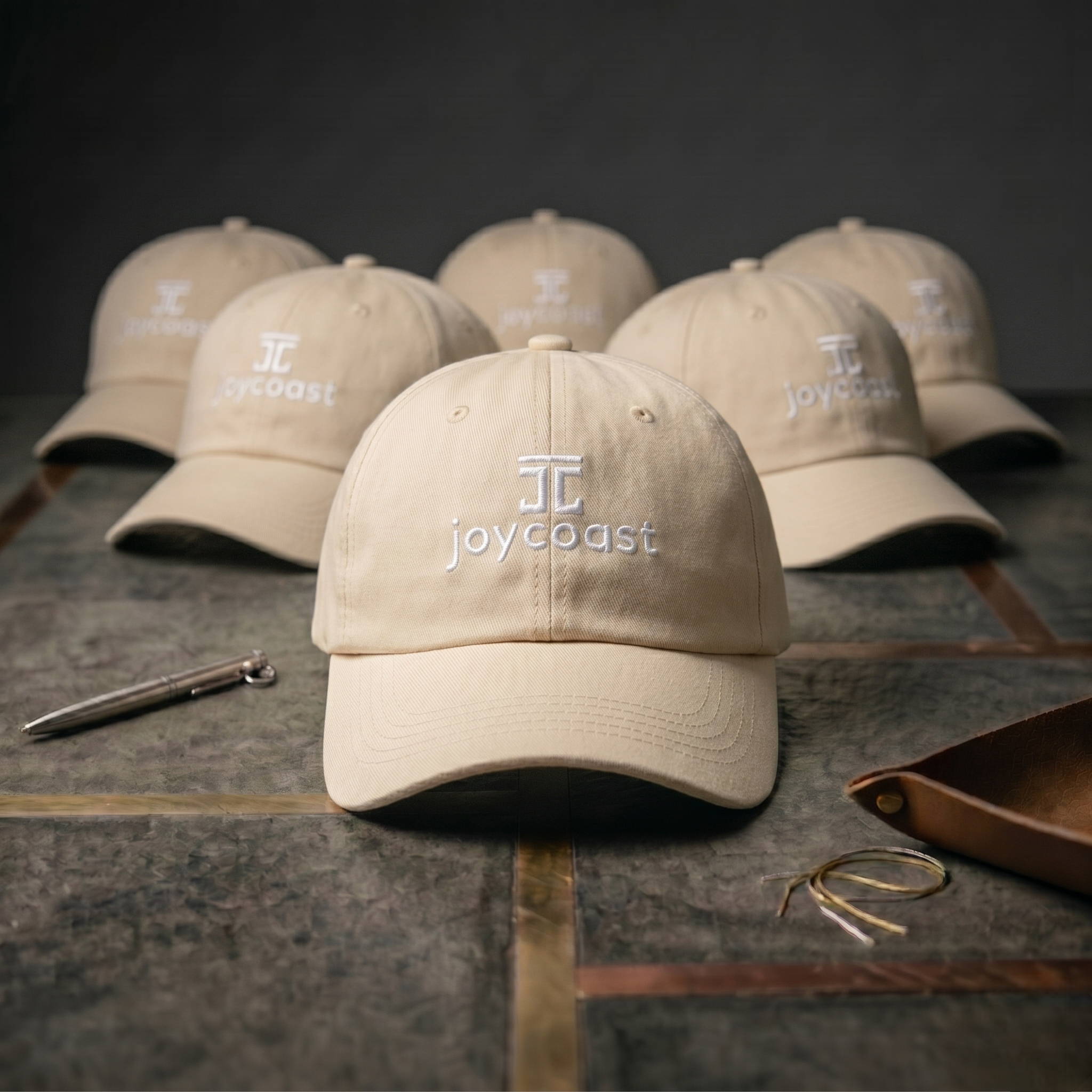 Cream Joycoast baseball caps stacked, each with front embroidered logo